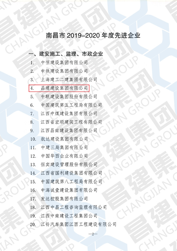 南昌市2019-2020年度先進企業